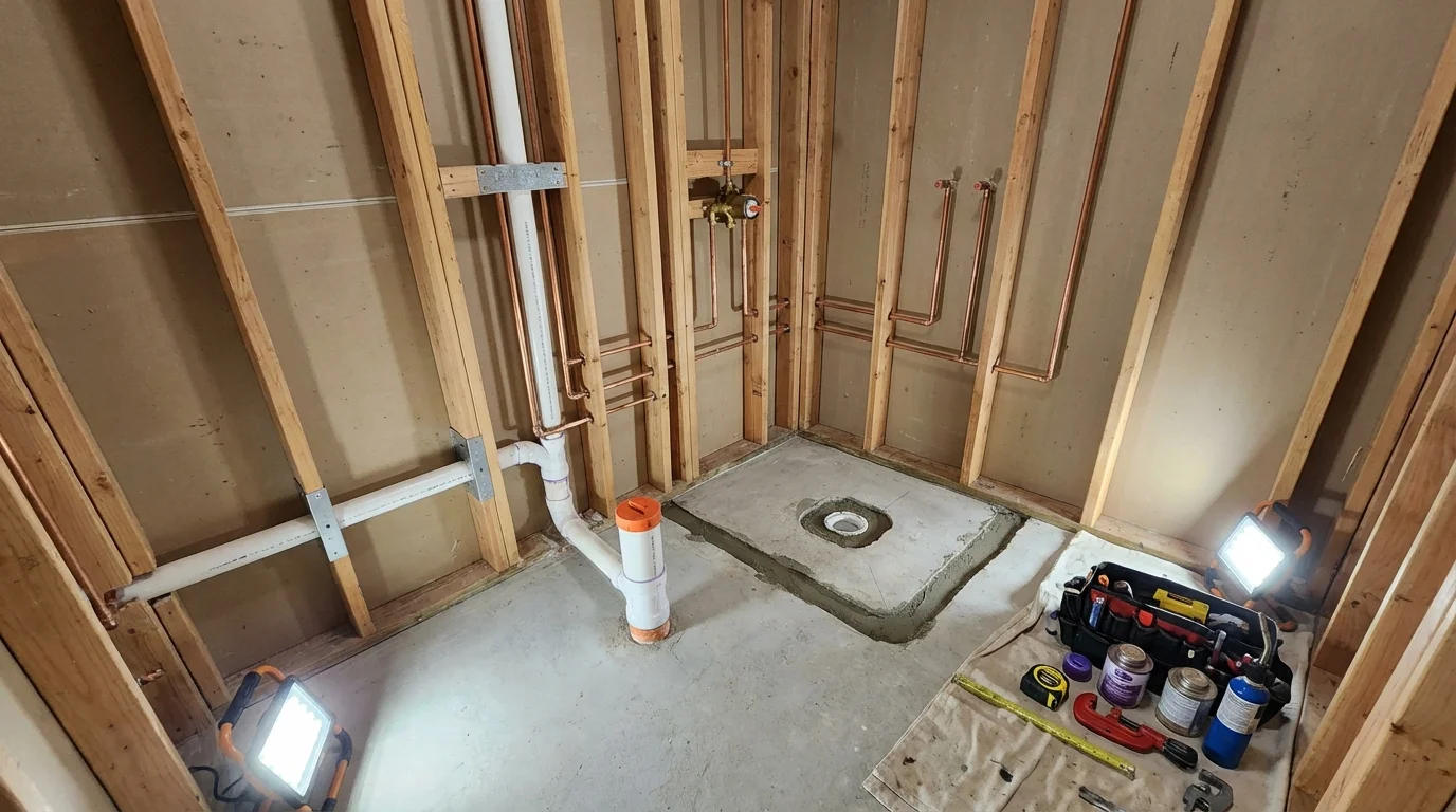 Bathroom rough-in plumbing during remodel by Johns Plumbing LLC in Norlina
