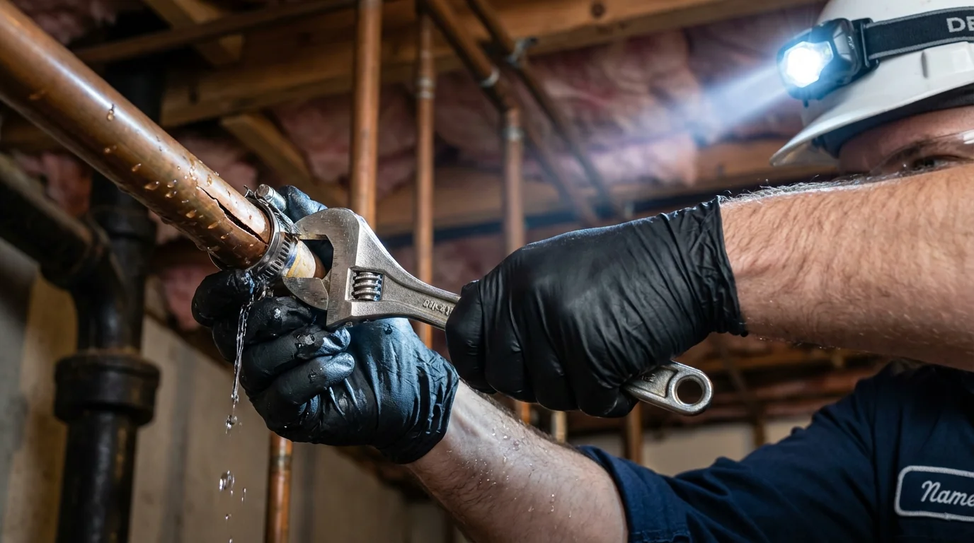 Emergency pipe clamp repair being performed by a Johns Plumbing LLC plumber in Norlina