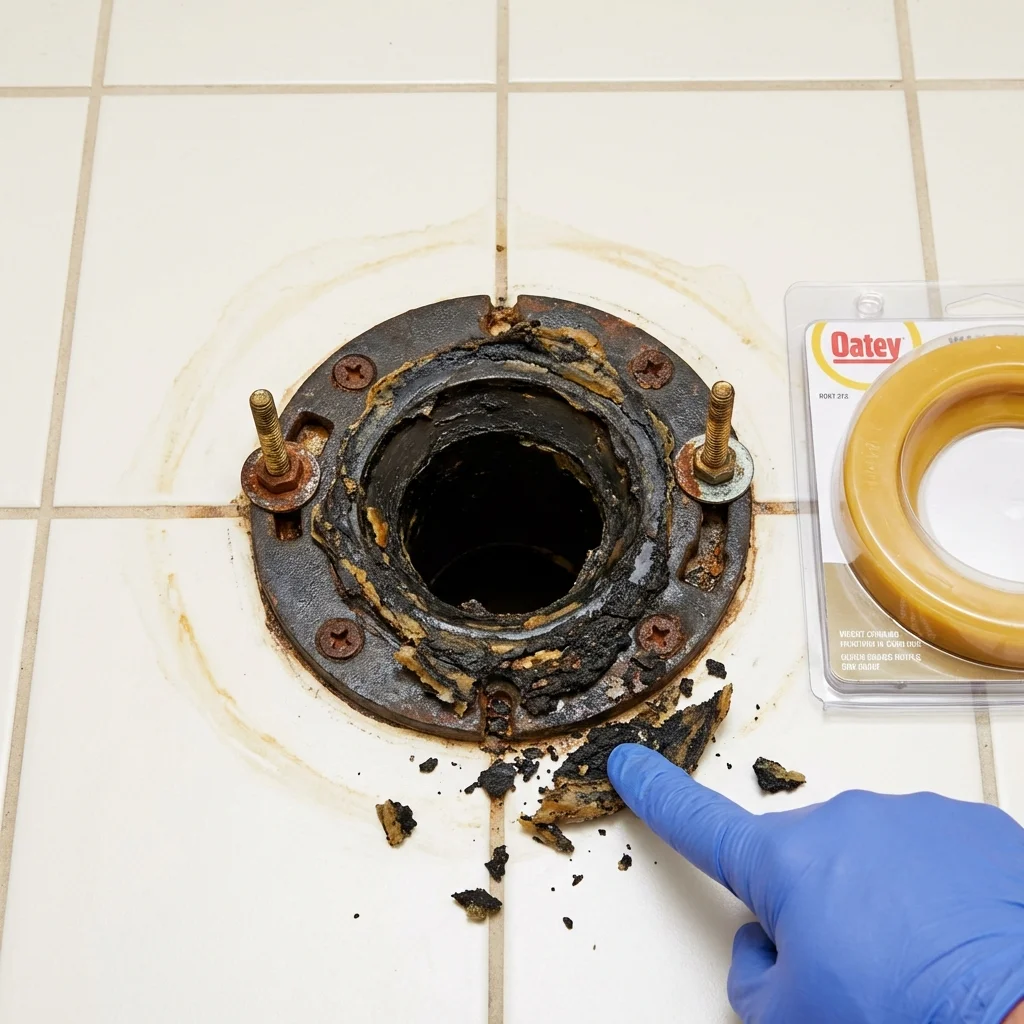 Failed wax ring showing water seepage at the base of a toilet in a Norlina, NC home
