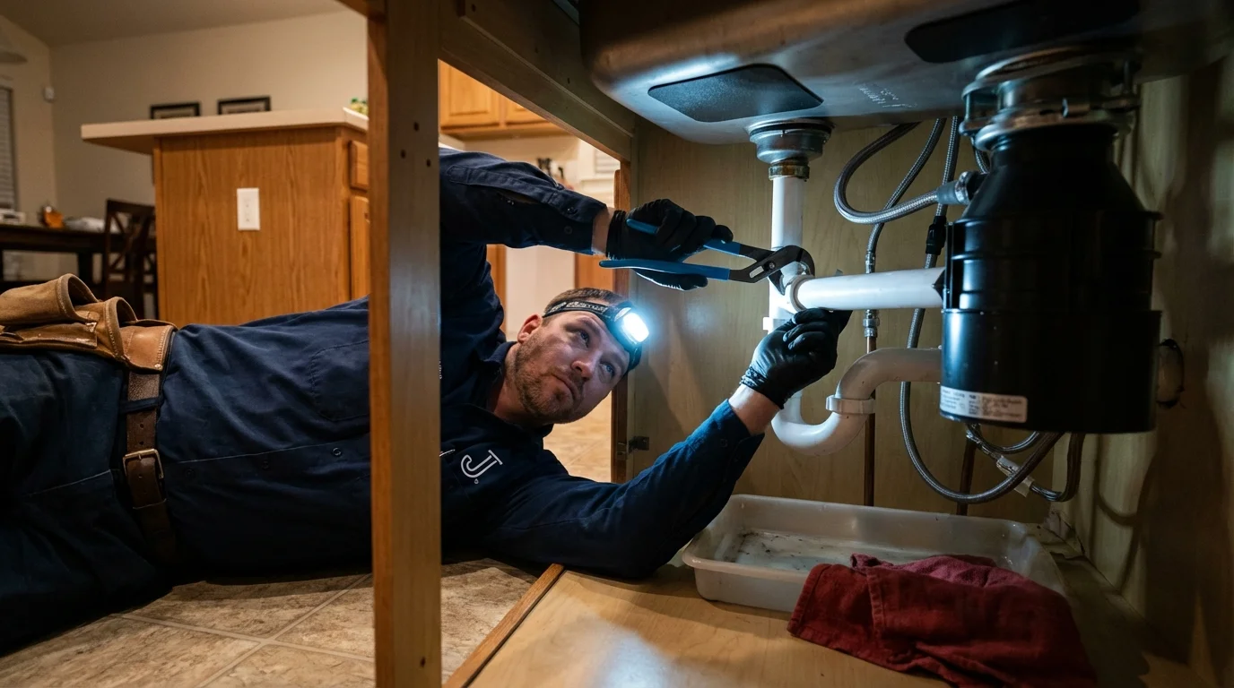 P-trap and supply line connections under a kitchen sink showing a common leak point in Norlina, NC
